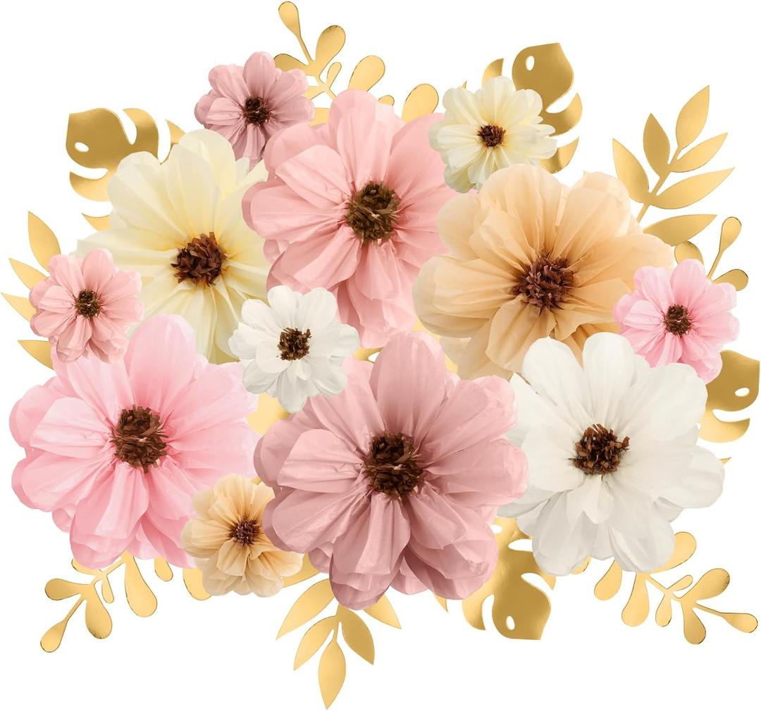 Geyee 12 Pcs 10" 20" Giant Mexican Fiesta Paper Flowers and 16 Pcs Leaves, Large Colorful Tissue Crepe Flowers Pom Poms Craft for Floral Backdrop Easter Wedding Birthday Party Decor(Classic Color)