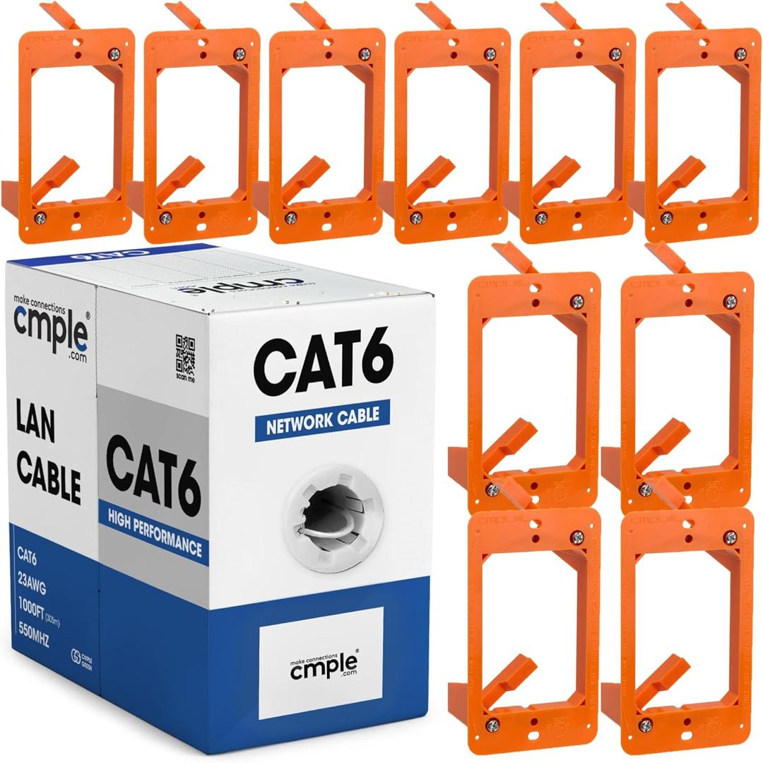 Cmple - White Cat6 Cable 1000ft Bulk LAN Ethernet Cord 23AWG CMR Riser 10 Gbps 550 MHz + 10 Pack 1 Gang Low Voltage Drywall Mounting Bracket Bundle