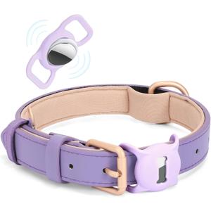 Airtag Leather Dog Collar for Small Medium Large Dog Adjustable Soft Padded Air Tag Puppy Collar Heavy Duty Metal Buckle Collar with Anti-Lost Airtag Holder Protective Case,S,Purple (S:Neck 12.5"-16.5",Width 0.78")