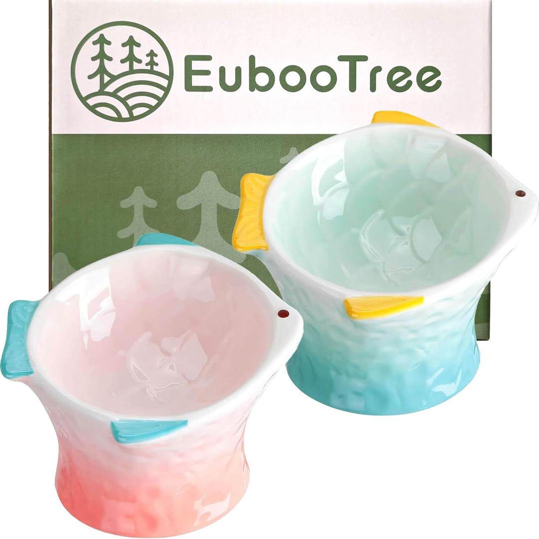 Ceramic Raised Cat Food Bowl, Shallow & Tilted, Anti Vomiting and Whisker Fatigue, Non-Slip, Cute Fish Shape Cat Feeding Bowls for Dry and Wet Food, for Kitten, Pink/Green, 2-Pack