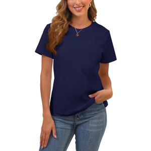 Cotton Basic T Shirts for Women,Crew Neck Short Sleeve Summer Shirts,Solid Loose Fit Tshirt, Plain Workout Tops, Undershirts (Large, 0-navy-blue)