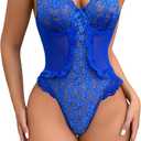 Aranmei Women Sexy Lingerie Bodysuit Floral Lace Teddy Babydoll Snap Crotch Ruffle One Piece with Thigh Bands (Medium, Royal Blue)