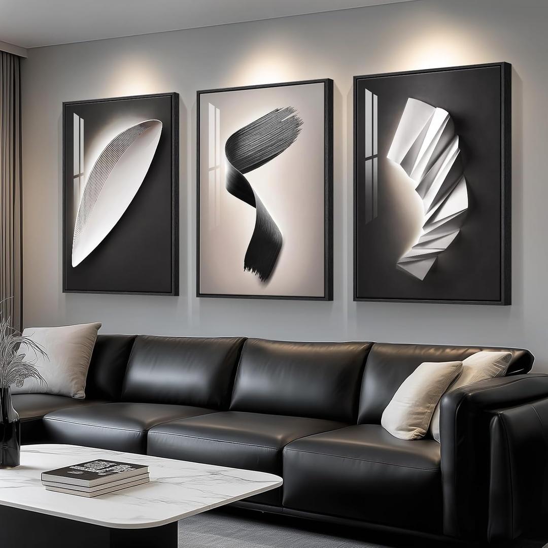 Large Framed Modern Black and White Wall Art for Living Room, 24x36 Inch, 36" H x 24" W x 3Pcs