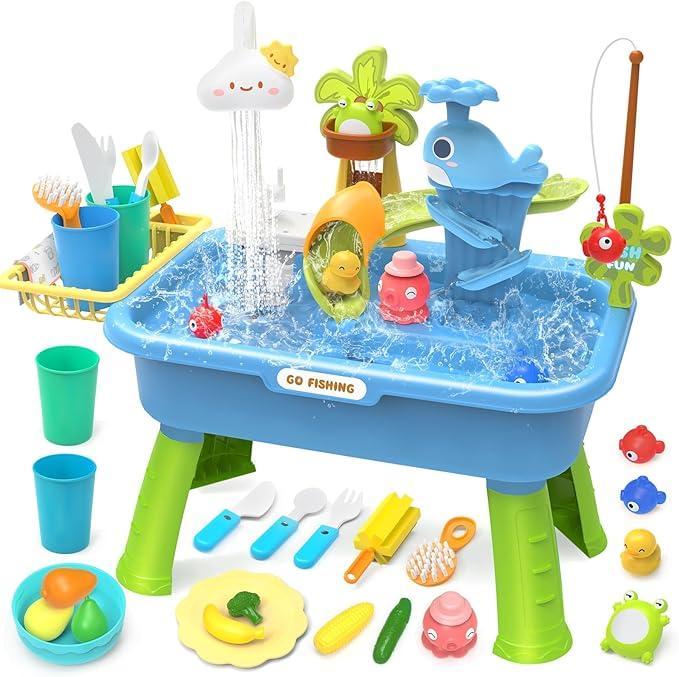 21" H Play Sink with Running Water, 4in1 Kids Kitchen Sink Toy with Electric Faucet, Mini Water Table with Detachable Legs, Fishing Game, Pretend Play Dishwasher Gift Set for Boys & Girls(Blue)
