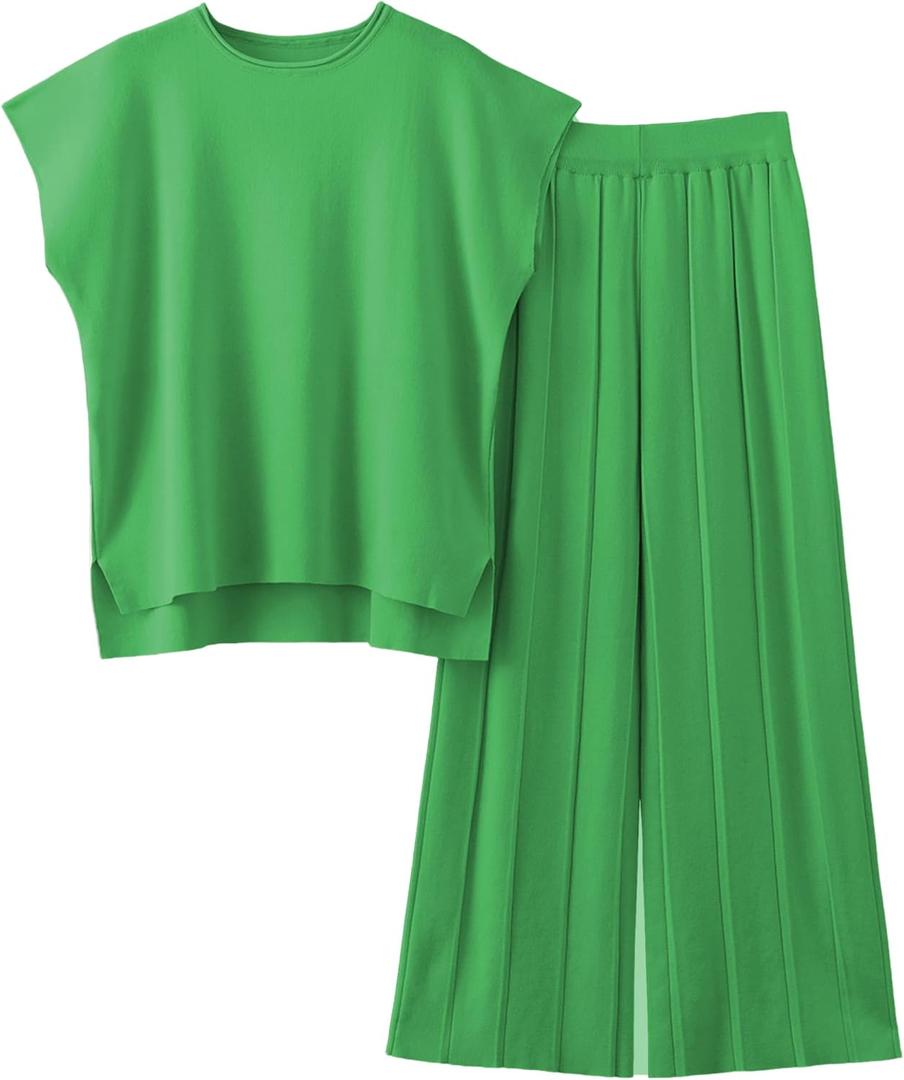 Women Knit 2 Piece Sweater Sets Pullover Tops High Waist Wide Leg Pants Lounge Set (Green, XS)