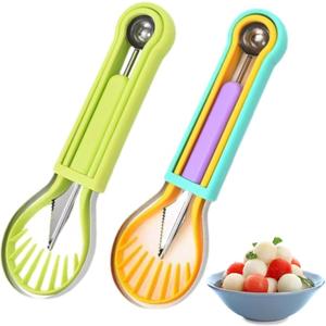2025 Upgraded 3-in-1 Stainless Steel Fruit Carving Tool Set, Watermelon Fork Slicer Ice Cream Watermelon Spoon Cutting Knife (Blue+Green)