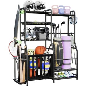 Sports Equipment Organizer, Heavy Duty Ball Storage Rack with Basket & Hooks, Garage Golf Bag Holder, Indoor/Outdoor Ball Storage Bins for Toy Sports Gear Storage