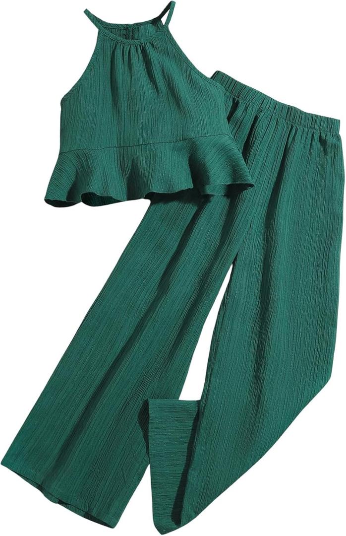 SweatyRocks Girl's 2 Piece Outfits Ruffle Halter Sleeveless Top and Elastic High Waisted Pants Set Green 9Y