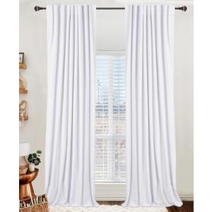 100% Blackout Shield Linen Blackout Curtains for Bedroom 96 Inches Long, Back Tab/Rod Pocket Living Room Drapes, Thermal Insulated Blackout Curtains 2 Panels Set, 50" W x 96" L, Bright White
