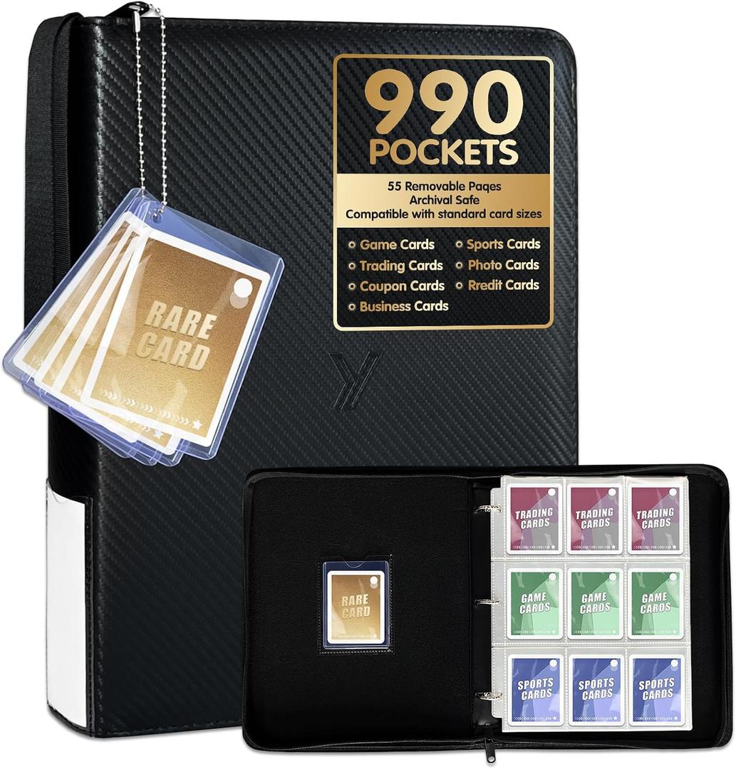 Trading Card Binder with Sleeves (990 Pockets) - 9 Pocket Card Binder Holder with Unique Display Strap - Large Capacity Storage Case for Baseball, TCG, MTG & Sports Cards (Black,)