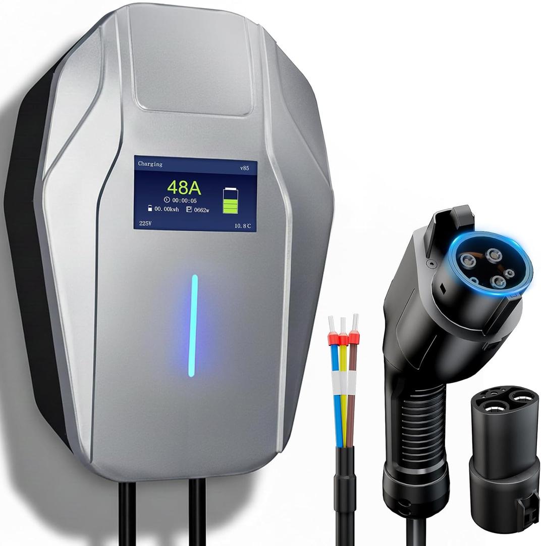 Level 2 EV Charger, 240V 48Amp Wall EV Charger Level 2 for Home with Hardwire, J1772 Connector & Tesla Adapter, 11.5KW Electric Vehicle Charging Station with Smart APP, 26FT Cable, 4.3'' LCD Display
