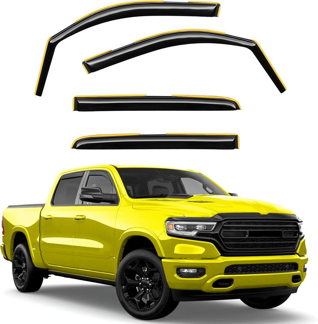 in-Channel Window Rain Guards Fit for Truck Dodge RAM 1500 (New Body Style Includes TRX) 2019-2025 Crew Cab Extra Durable Window Deflectors Vent Visors Shades Exterior Car Accessories