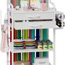 Rolling Wrapping Paper Storage Cart with 2 Drawers & Lockable Wheels, 3Tier DIY Craft Gift Wrap Organizer with Ribbon and Cart Tape Holder for Crafts and DIY Supplies (White)