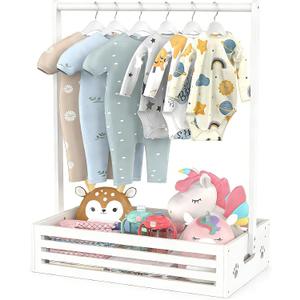 BAMBOOHOMIE Baby Clothing Rack for Toddler, Pets Clothes Rack with Storage Box & Adjustable Hanging Rod for Dogs/Cats, Baby Shower Clothes Closet Rack with Handle for Nursery Room (White, Baby)