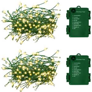 2Pack Outdoor Fairy Lights Battery Operated,10Feet 100LED Green Copper Wire Cluster Lights with 8 Modes and Timer,Twinkle String Lights, Mini Lights for Christmas Tree Wreath Wedding,Warm White