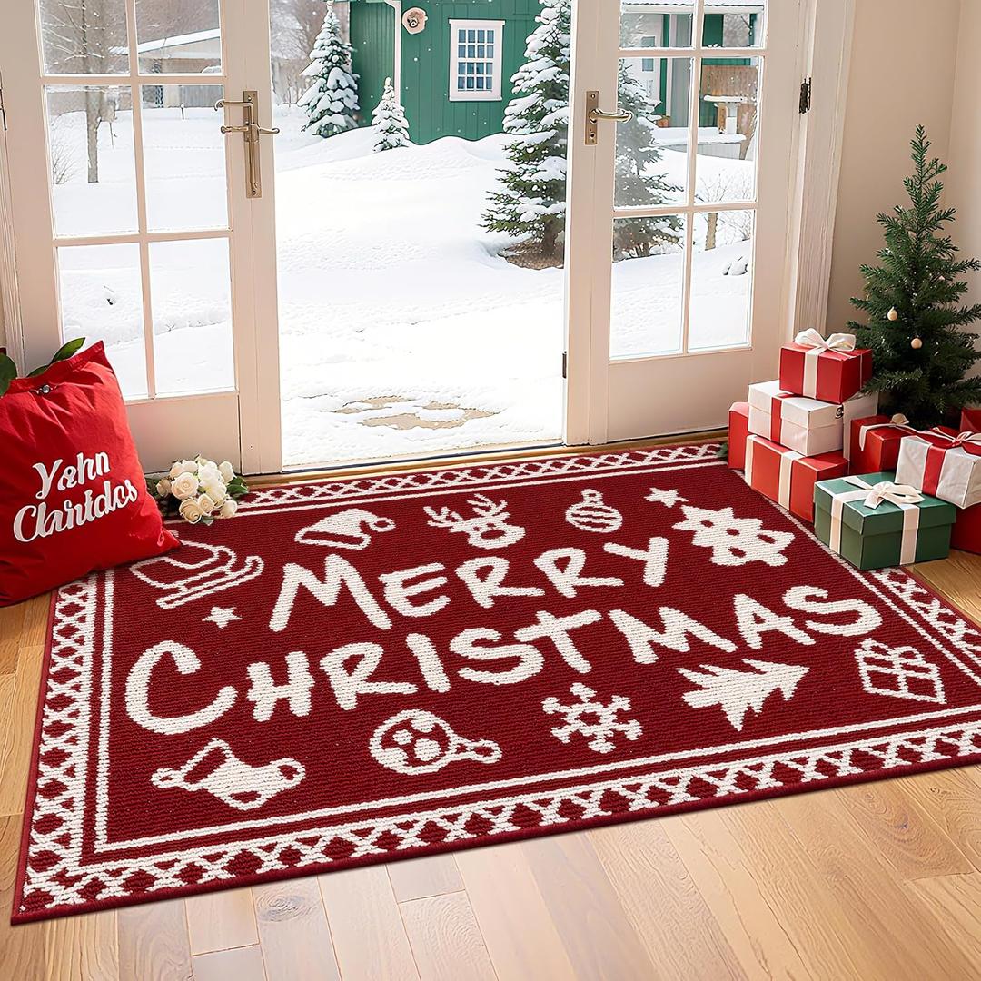 Ileading Christmas Indoor Doormat, Durable Xmas Welcome Mat 32"x48" Non Slip Entrance Rug with Rubber Backing, Machine Washable Winter Holiday Entryway Front Door mats Red Merry Christmas Small Carpet