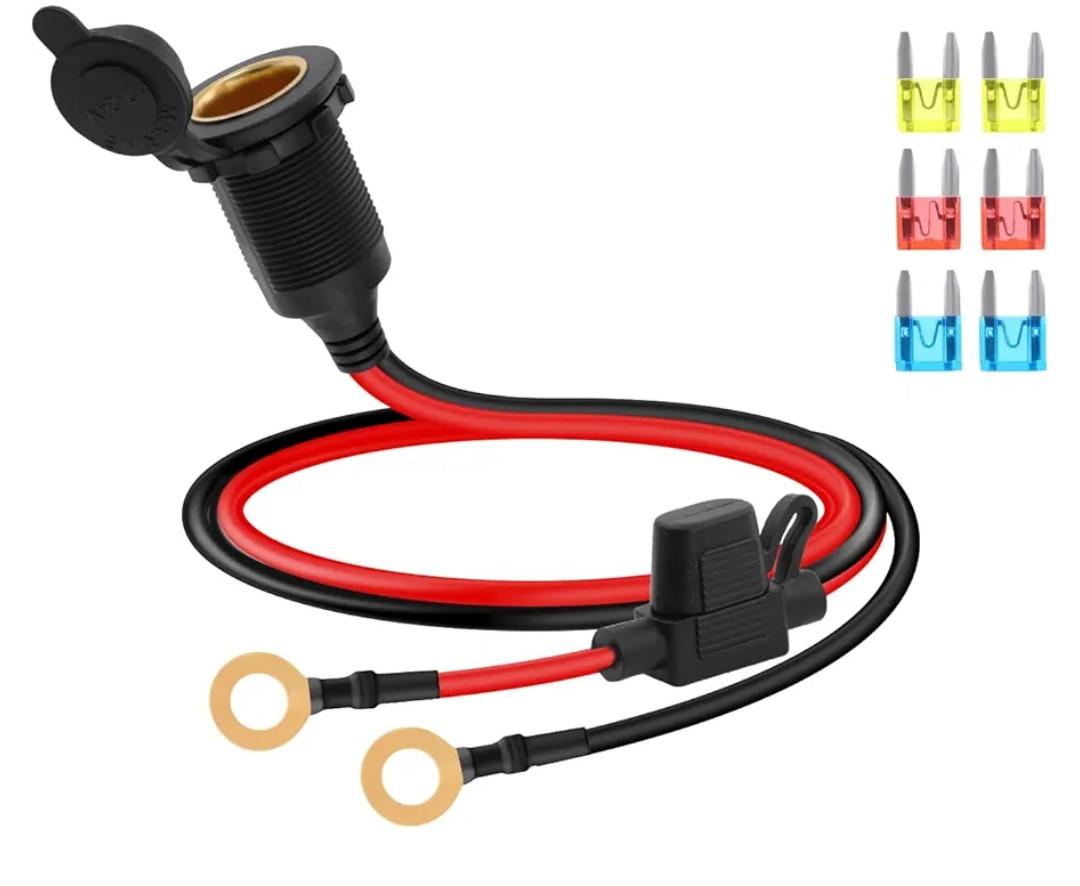 GELRHONR 1FT Cigarette Lighter Adapter to O Ring Terminal Harness,12V-24V 8mm Eyelet Terminal to Female Cigarette Lighter Socket Extension Cable with 20a Fuse for Car Inverter Air Pump and DIY (0.35M)