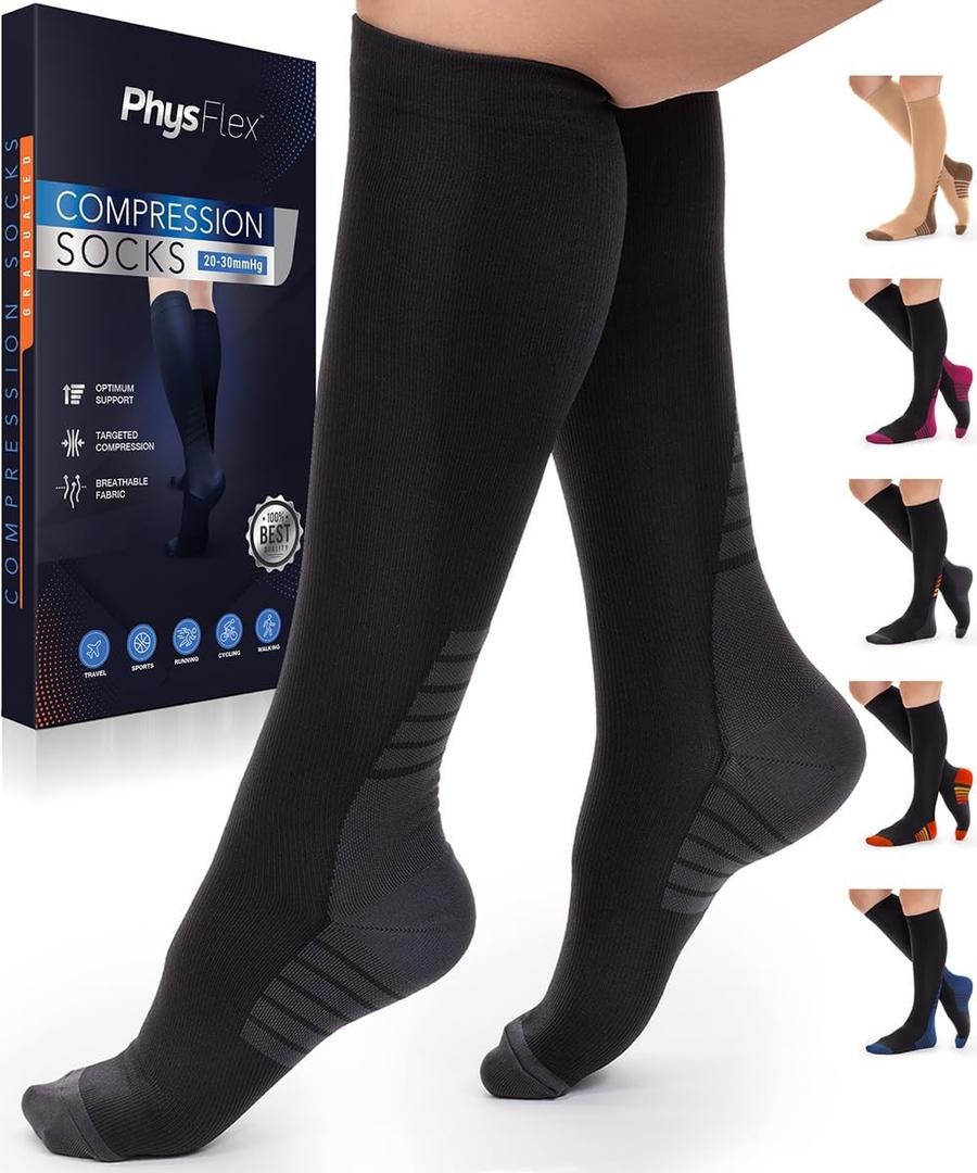 Compression Socks for Women & Men (20-30 mmHg) Support for Flying and Travel, Nurses, Sports and Everyday Wear (Small-Medium, Black)