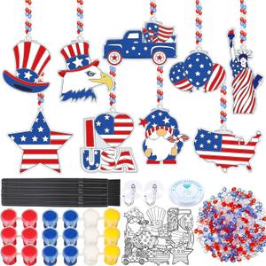 Pasimy 36 Sets 4th of July Crafts Kit Patriotic Suncatchers Paint Your Own American Flag Window Hanging Ornaments Decorations Red Blue White Art Gifts for Independence Day Party Classroom Activity