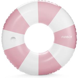 FUNBOY Giant Vintage Stripe Inflatable Tube Pool Float with Cup Holder 48" Large Pool Float for Adults Inner Tube Swimming Pool Toys Swim Rings Pool Lounger Float for Pool Party & Summer (Pink)