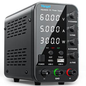 DC Power Supply Variable, 60V 5A Bench Power Supply with Encoder Coarse & Fine Adjustments Knob, Adjustable Switching Regulated lab Power Supply with 5V 3.6A USB & Type-C Quick-Charge