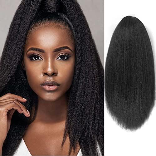 UAmy hair Long Yaki Straight Drawstring Ponytail for Black Women Synthetic Thick Black Kinky Straight Ponytail Hairpieces 20 inch Clip in Ponytail Extension for Girl Daily Use(1B Black)