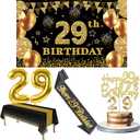 29th Birthday Decorations Men Women with 29th Birthday Banner, Black and Gold Table Cloth, Number Balloons, Large Sash, Cake Topper and Candles