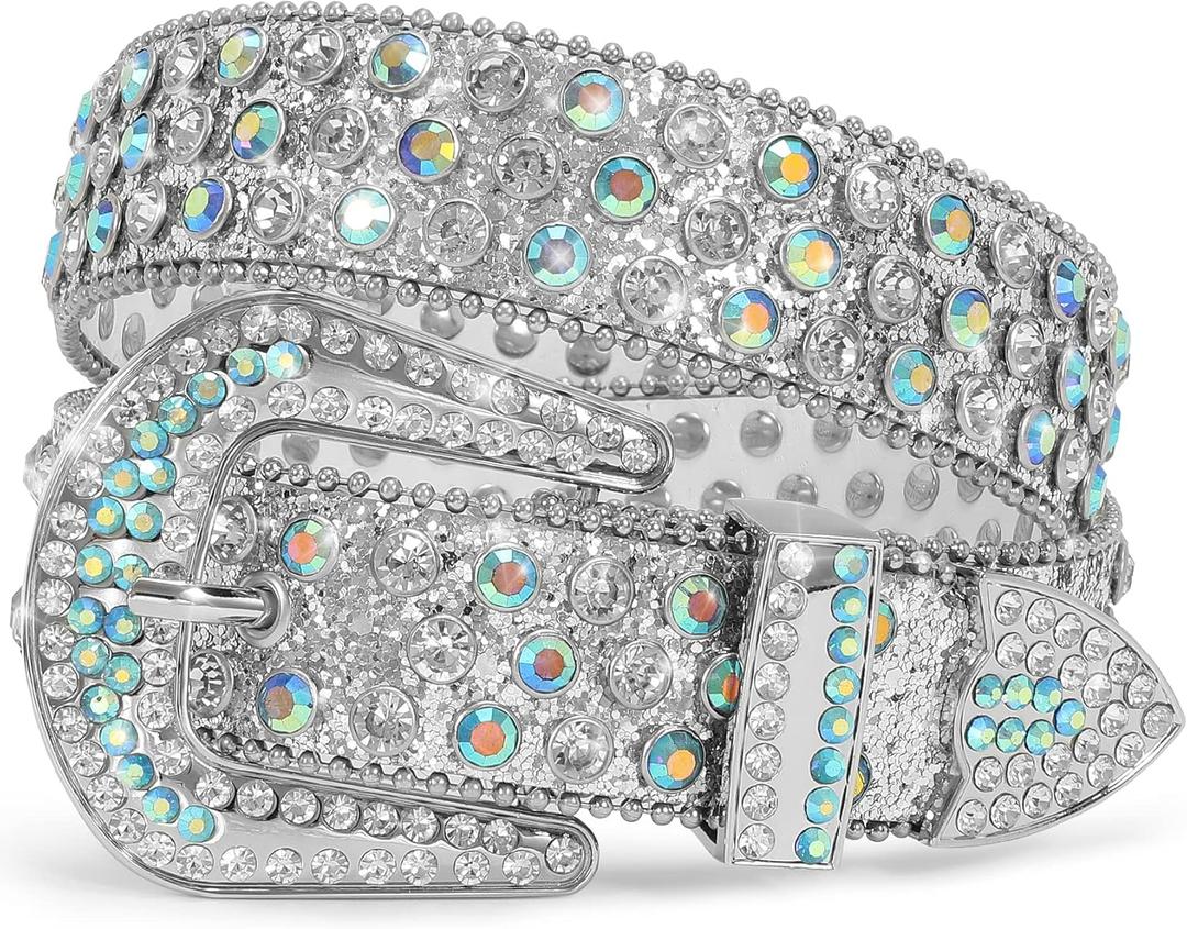 XZQTIVE Cowgirl Bling Studded Leather Belts for Jeans Pants with Rhinestone and Western Silver Buckle, Unisex (Fit waist 28-30 inch)