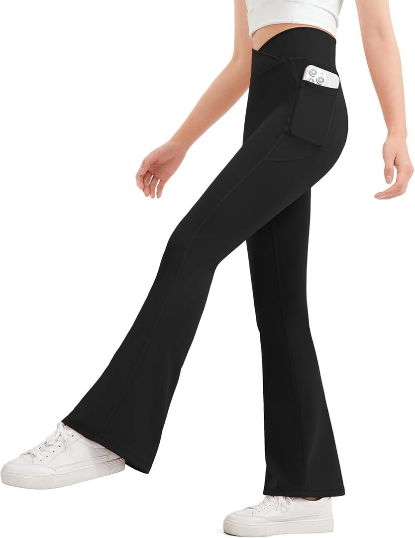 JOCMIC Girls Flare Leggings Kids Bell Bottom High Waisted Dance Yoga Flared Pants (13-14 Years, Black)