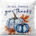 Fall Throw Pillow Cover 18x18 Inch  White Linen Cushion Cover with Blue Pumpkins and Golden Leaves  Double-Sided Print, Autumn Thanksgiving Decorative Pillowcase for Sofa, Couch, Bed