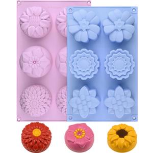 Sakolla 2 Pack Silicone Soap Molds, 6 Cavities Different Flower Shapes Silicone Mold, Perfect Making for Soap, Lotion Bar, Bath Bombs (Pink + Blue)