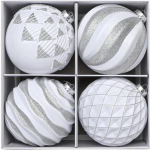 Alupssuc 6''/150mm Large Christmas Ball Ornaments, 4Pcs Christmas Tree Decor, Shatterproof Hanging Decorations with Hooks, White & Silver Baubles for Xmas Tree, Wedding, Holiday and Party Decor