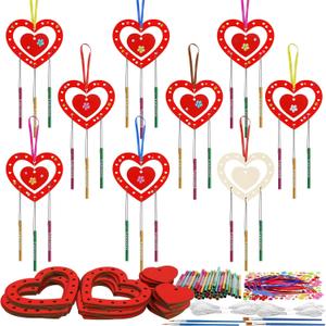 Fennoral 27 Pack Heart Wind Chime Kit for Kids Make You Own Red Heart Valentine's Day Craft DIY Coloring Wooden Ornaments for Kids Art and Craft Valentine's Day Gifts Party Decoration