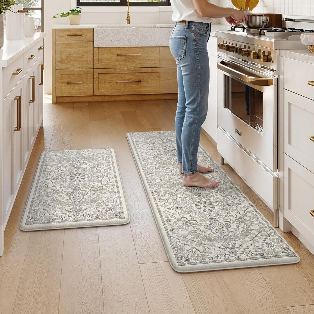 KIMODE Anti Fatigue Kitchen Mats for Floor 2 Piece, Cushioned Boho Distressed Kitchen Rugs, Memory Foam Kitchen Floor Mats, Summer Standing Desk Mats for Laundry Office Sink Grey 20"x59"+20"x32" (Light Grey/Multi)