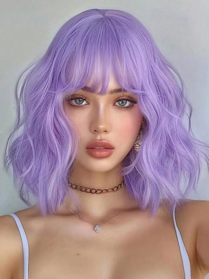 LOSMOEER Purple Wig with Bangs Short Wavy Wigs for Women Shoulder Length Curly Bob Wigs Heat Resistant Synthetic Wigs for Halloween Cosplay Daily Party Use (14 Inch)