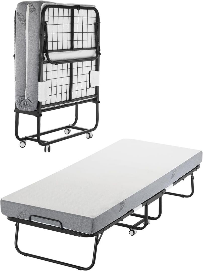 VEVOR 31 in x 75 in Folding Bed with 5 in Mattress, Twin Size, White, Metal Frame & Memory Foam Mattress, Portable Rollaway Bed, 300 lbs Weight Capacity, Adult, Guest