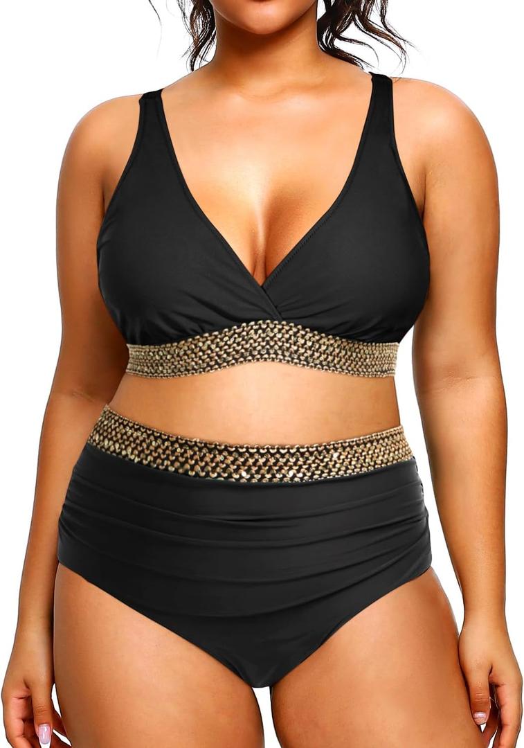 Yonique Womens Plus Size Bikini High Waisted Swimsuits Two Piece Bathing Suits Tummy Control Swimwear Black Weave 18Plus