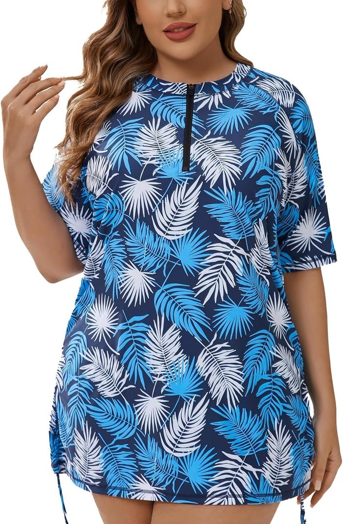 Halcurt Women's Plus Size Rash Guard Short Sleeve Swim Shirts with Tie Drawstring Half Zip UPF50+ Swimsuit Top (2X, Blue White Feather)