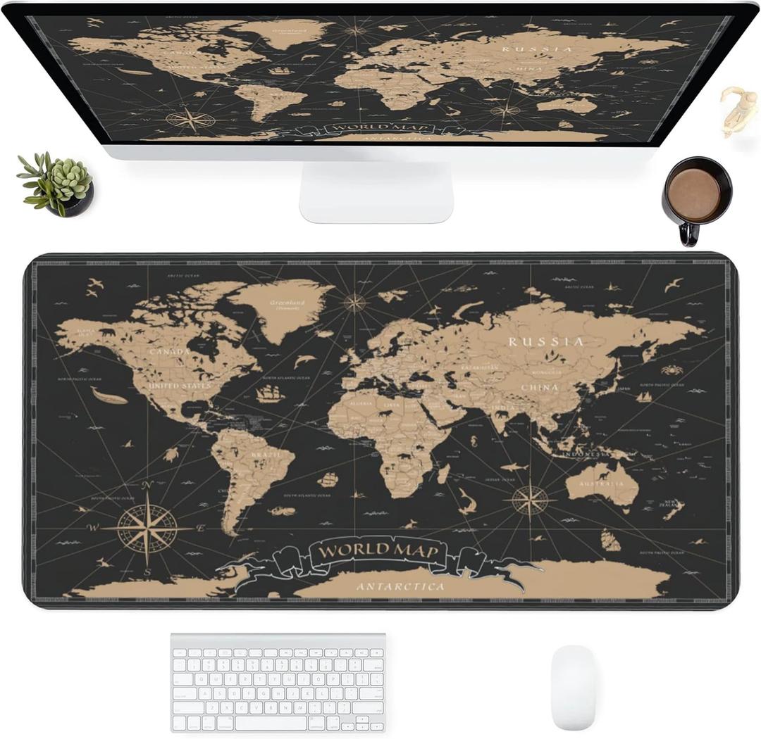 Desk Mat, Vintage World Map Extended Gaming Mouse Pad for Office Work & Game, Computer Keyboard Mouse Mat Desk Non-Slip Rubber Base Large Mousepad with Stitched Edges, 31.5x15.7inch