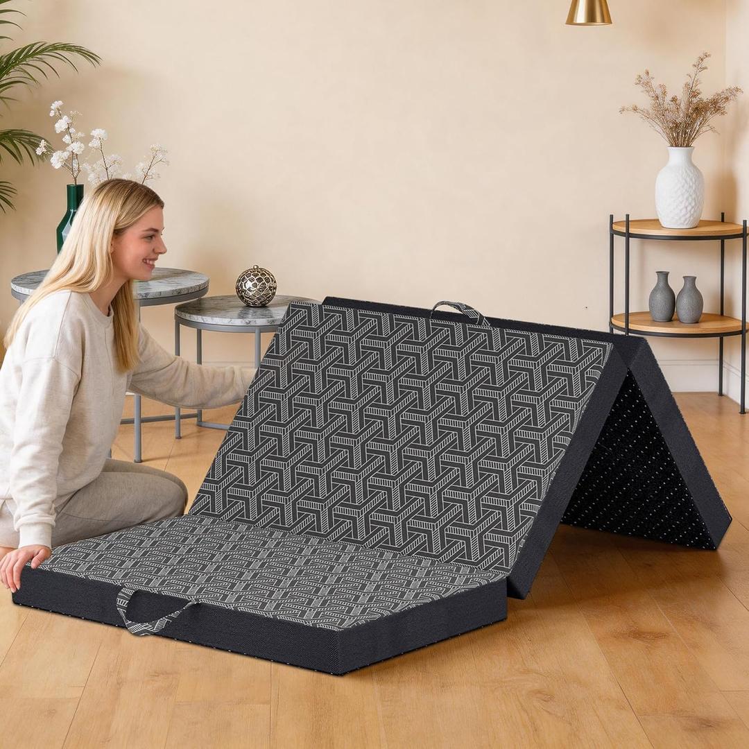 Tri Folding Mattress, 6'' Twin Memory Foam Foldable Mattress | Breathable & Washable Cover, Handle & Non-Slip Bottom, Back Pain Relief, Portable Mattress for Guest Bed/Yoga/Camping/Travel