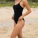 Women's One Piece Bathing Suit Swimsuit, Low Back, Medium High Leg Cut, Medium Cheeky Bottom Coverage (Black, L)