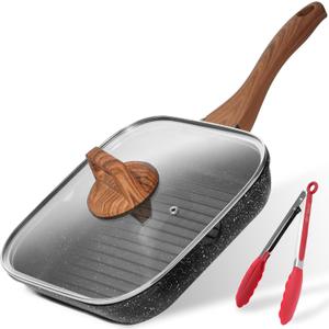 ESLITE LIFE 9.5 Inch Nonstick Grill Pan with Lid for Indoor Cooking, Versatile Induction Square Large Grilling Skillet Steak Pan for Stove Tops, PTFE & PFOA Free, Black