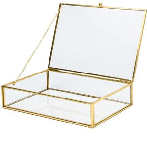 Vintage Glass Jewelry Box Keepsake Box with Hinged Lid, Clear Rectangle Storage Box Great for Storage Trinket/Jewelry/Card/Photo,Gift for Birthday Wedding -GCB009-Middle
