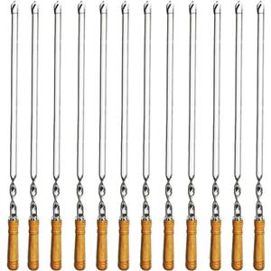 12 Pack Kabob Skewers BBQ Barbecue Skewers Stainless Steel Sticks 22 Inch Heavy Duty Large Wide Reusable with Nonslip Wooden Handle Ideal for Shish Kebab Chicken Shrimp and Vegetables