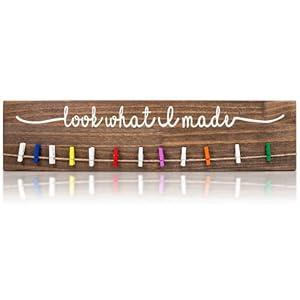 JNFEUI Look What I Made Sign with Clips - 12 Mini Clothespins to Hang Kids Art Wood Used for Hanging Photo Display on Wall in Home Decor Craft Room Bedroom Decor, 5.5 Inch high, 23.5 Wide