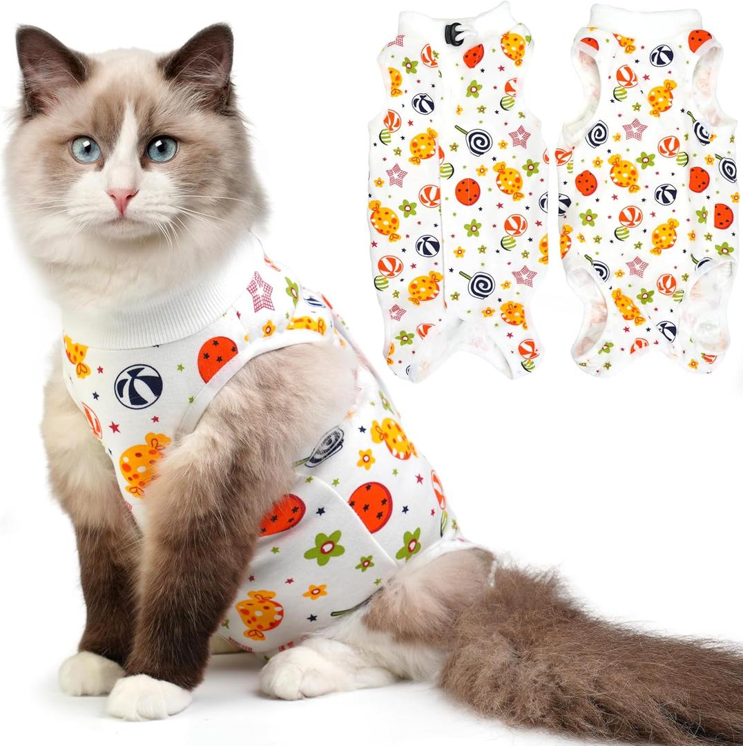 Cat Recovery Suit for Spay Abdominal Wounds, Breathable Cat Onesie for Cats After Surgery Female, Kitten Surgical Recovery Suit Female Cone of Shame Alternative for Cats Anti Licking (Medium, Candy)