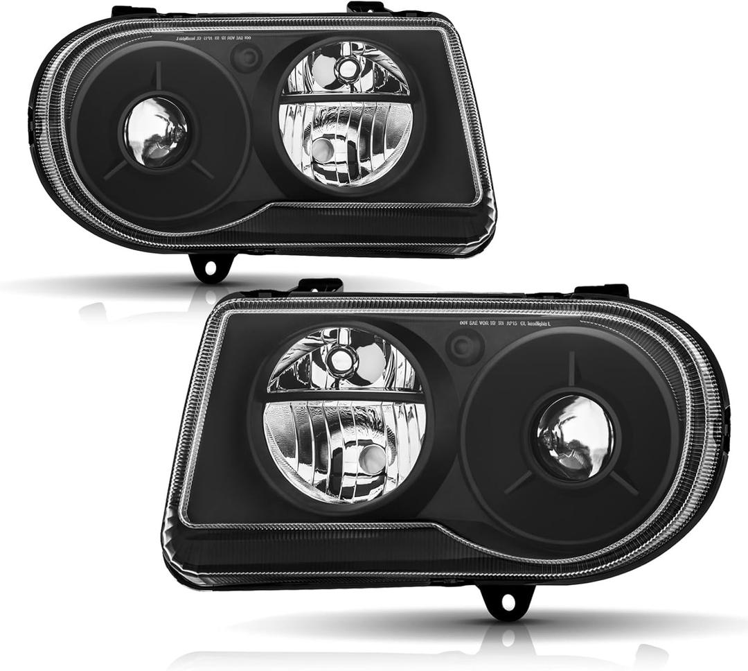 Headlights Assembly Compatible with 2005 2006 2007 2008 2009 2010 Chrysler 300C Halogen Type Head Lamps, Black Housing