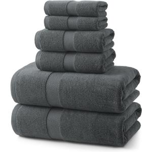 ecolook 6 Piece Bath Towel Set,100% Cotton,Includes 2 Bath Towels 55x28 Inch,2 Hand Towels,2 Washcloths,Soft,Highly Absorbent & Quick Dry for Bathroom, Spa, Gym,Shower and Daily Use,Dark Gray