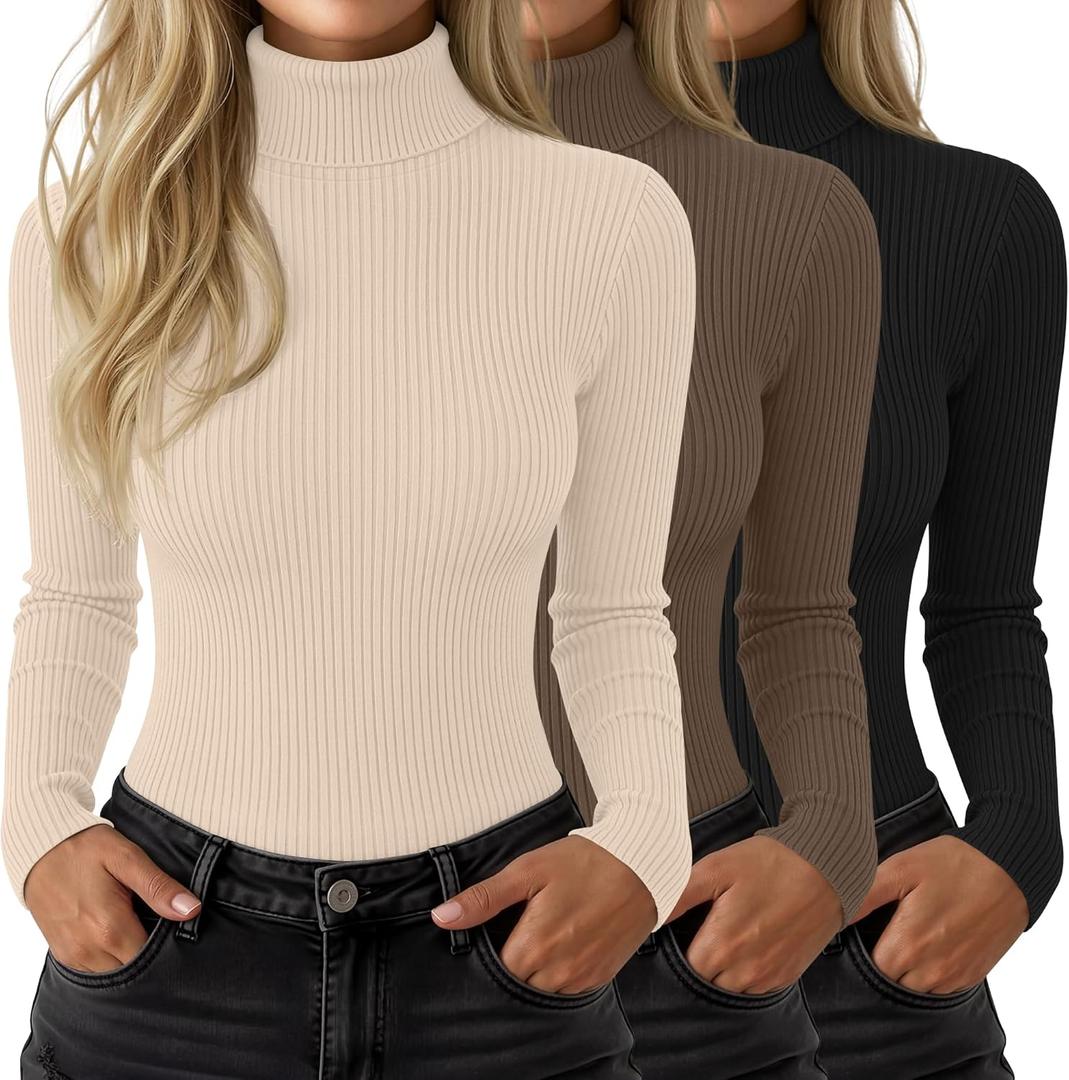 3 Pack Womens Ribbed Turtleneck Tops Long Sleeve Cotton Stretch Shirts Slim Fit Base Layer Undershirt Tees(Black, Mocha, Apricot,Medium)