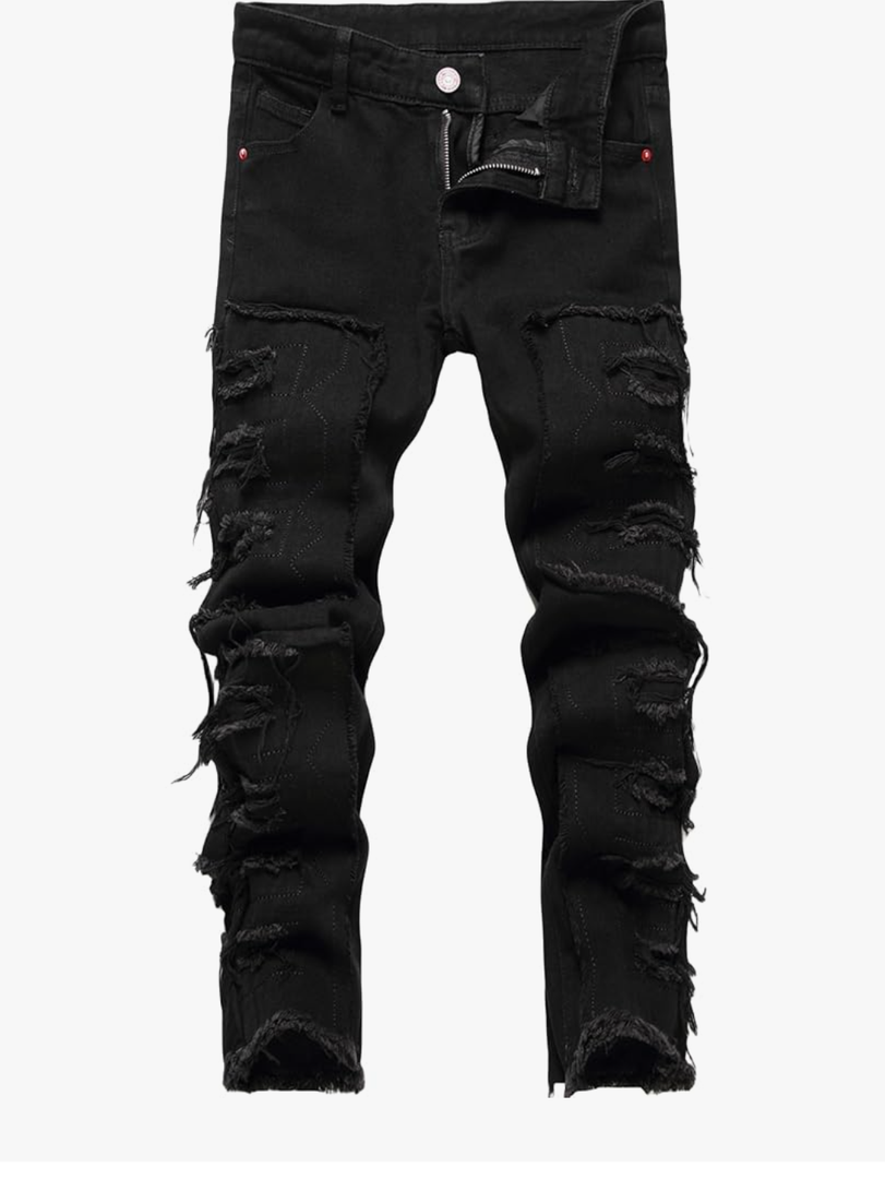 Boy's Skinny Fit Ripped Destroyed Distressed Fashion Denim Jeans Pants Black Size 14 Black